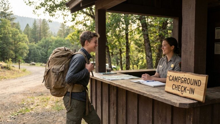 Adolescent arrivant seul à l'accueil d'un camping avec ses documents
