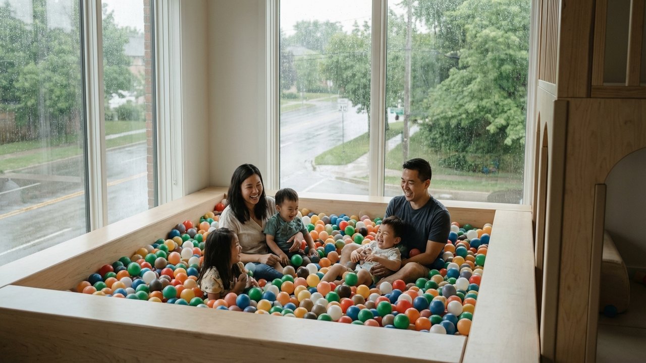 Enfants s'amusant dans une aire de jeux couverte par temps de pluie à Fréjus