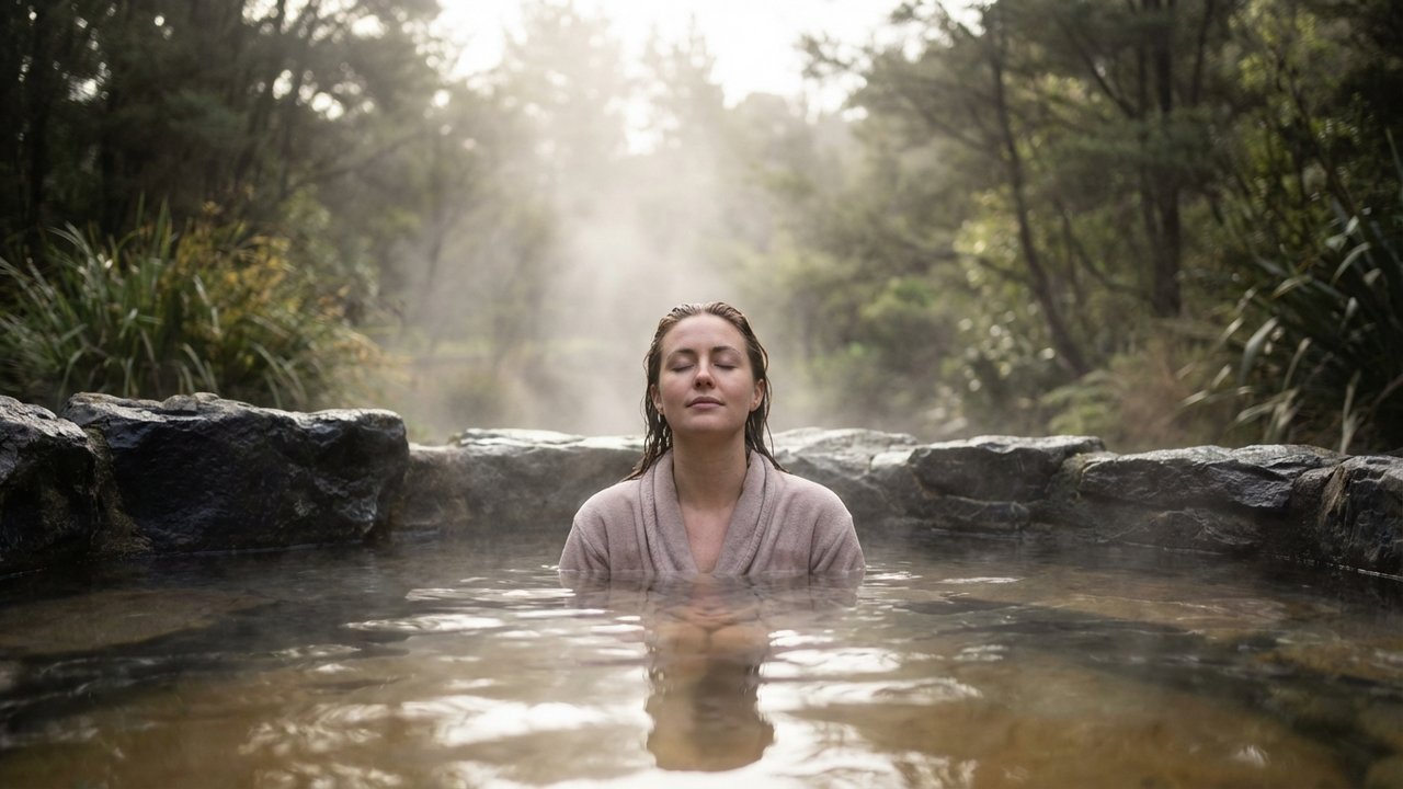 Femme se relaxant dans les bassins d'une thalasso par temps gris