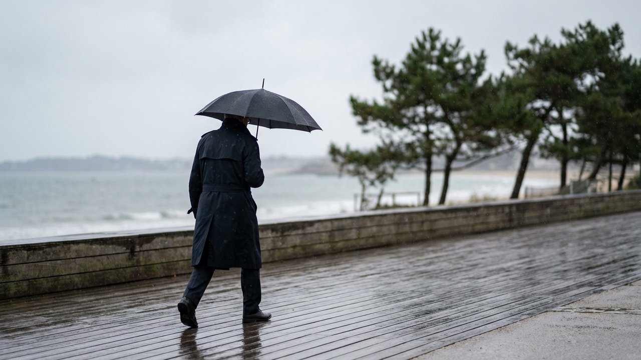 Promenade de La Baule sous la pluie avec ciel gris
