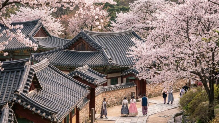 Cerisiers en fleurs au printemps en Corée du Sud