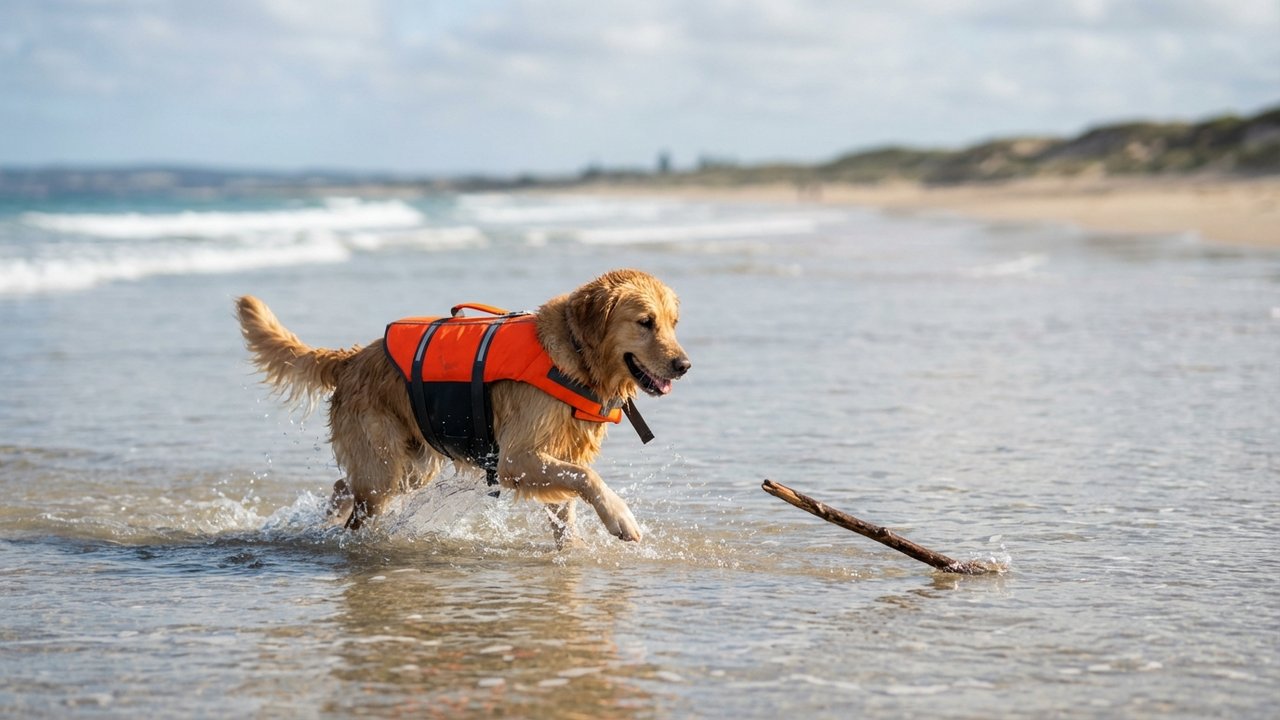 Chien portant un gilet de sauvetage se baignant à la plage