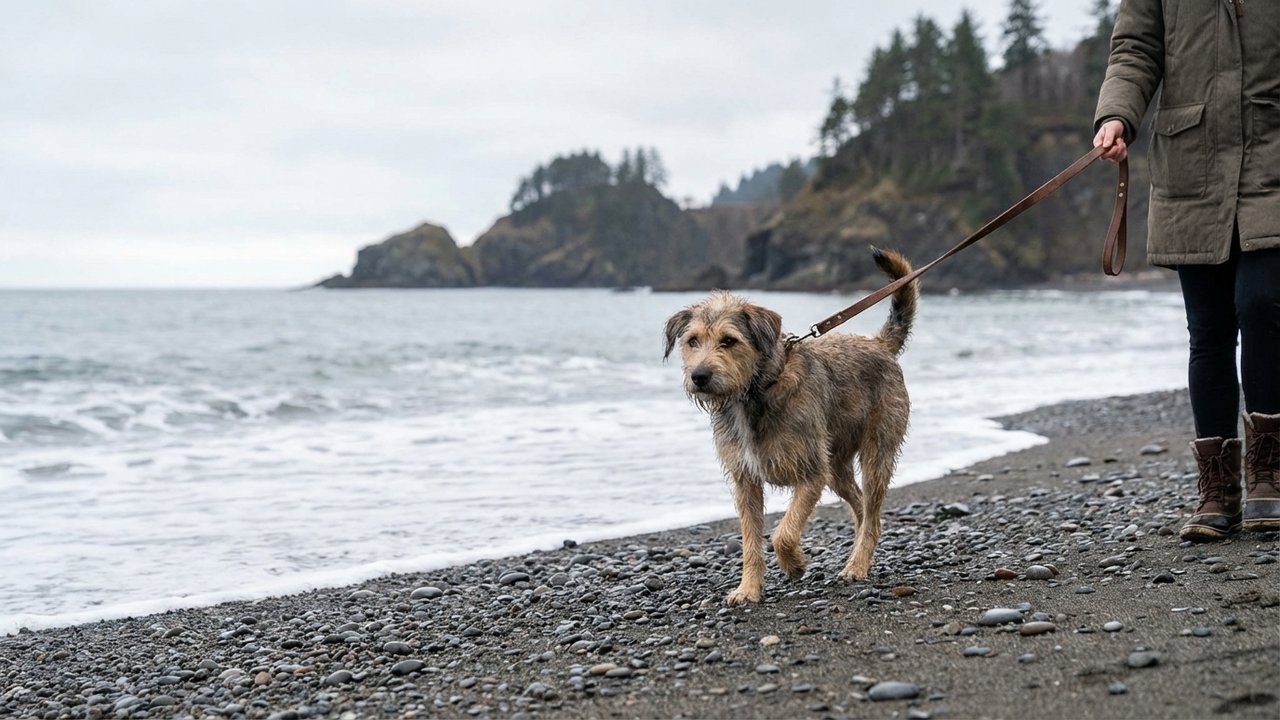 Chien en laisse se promenant sur une plage du Pas-de-Calais