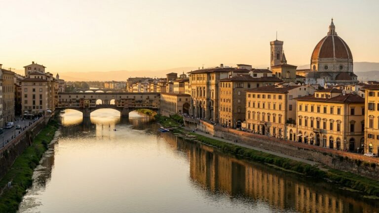 Vue de Florence avec l'Arno et la cathédrale au coucher de soleil