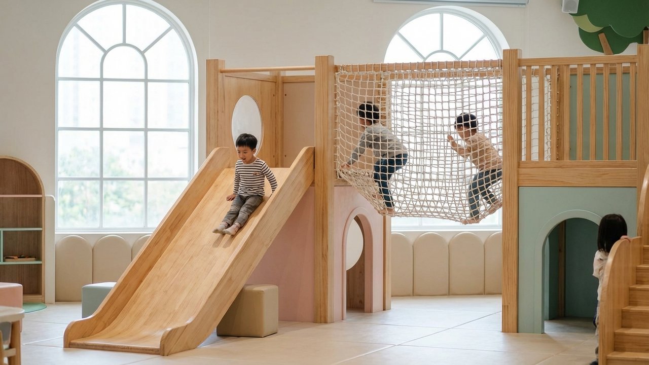 Parc de jeux couvert Fun City avec toboggans et parcours obstacles pour enfants