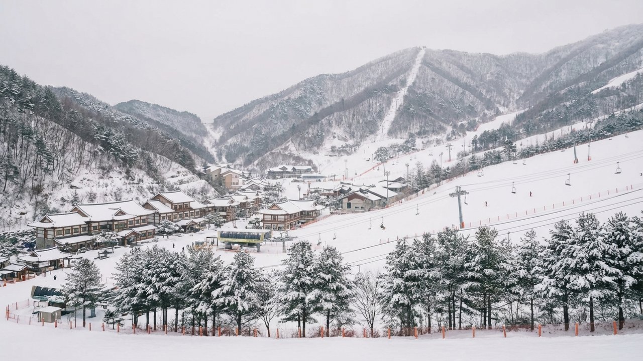 Station de ski en montagne enneigée en hiver en Corée du Sud