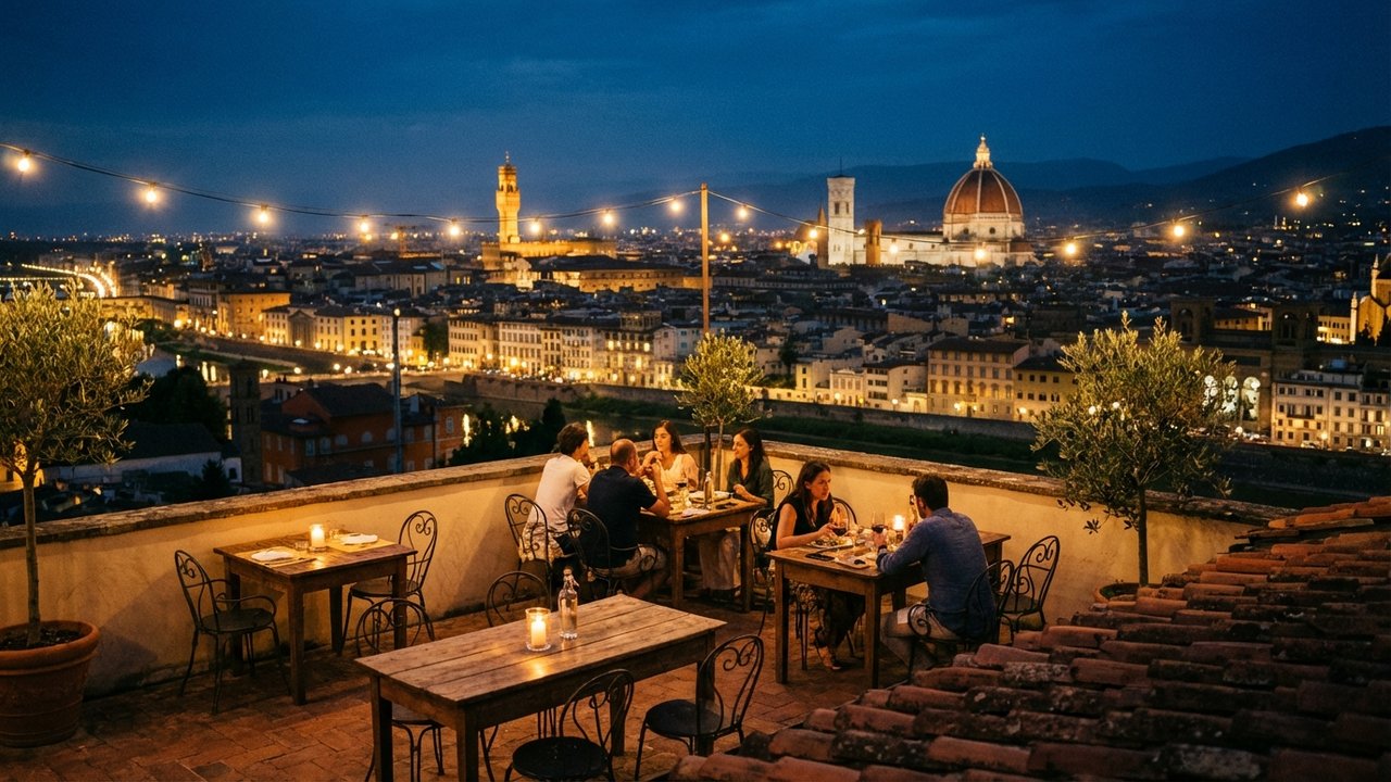 Terrasse florentine animée en soirée d'été avec vue sur la ville