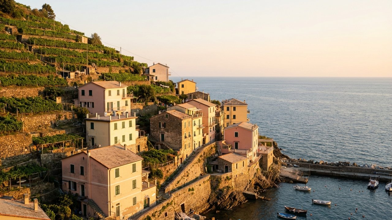 Vignobles en terrasses et maisons colorées au coucher de soleil aux Cinque Terre
