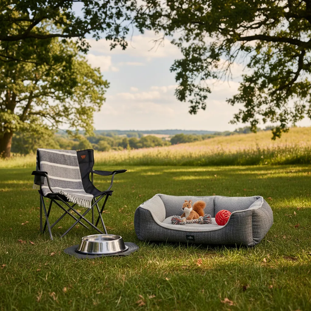 Panier et affaires d'un chien sur un emplacement de camping