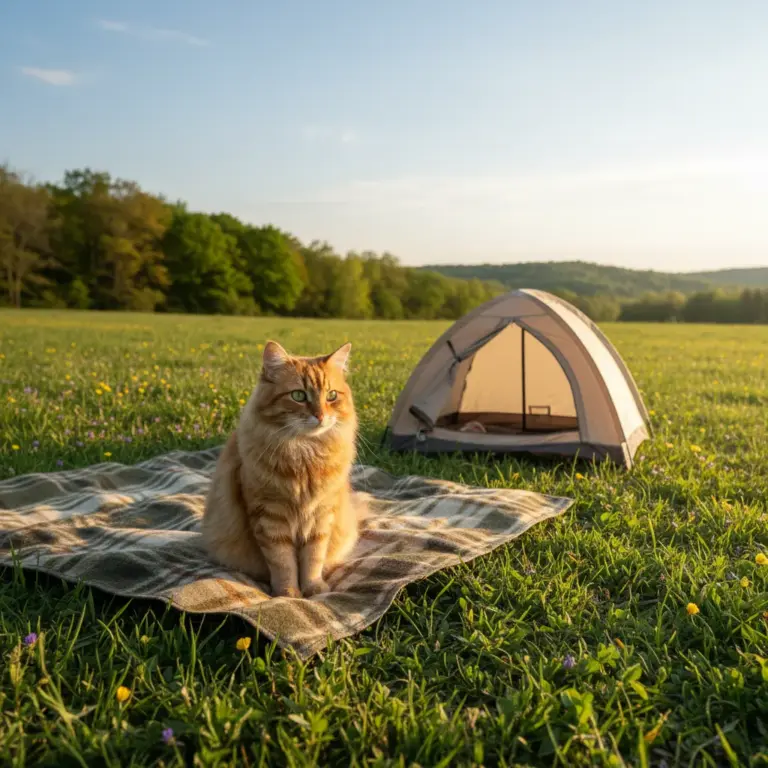 Chat assis sur une couverture dans un camping en plein air