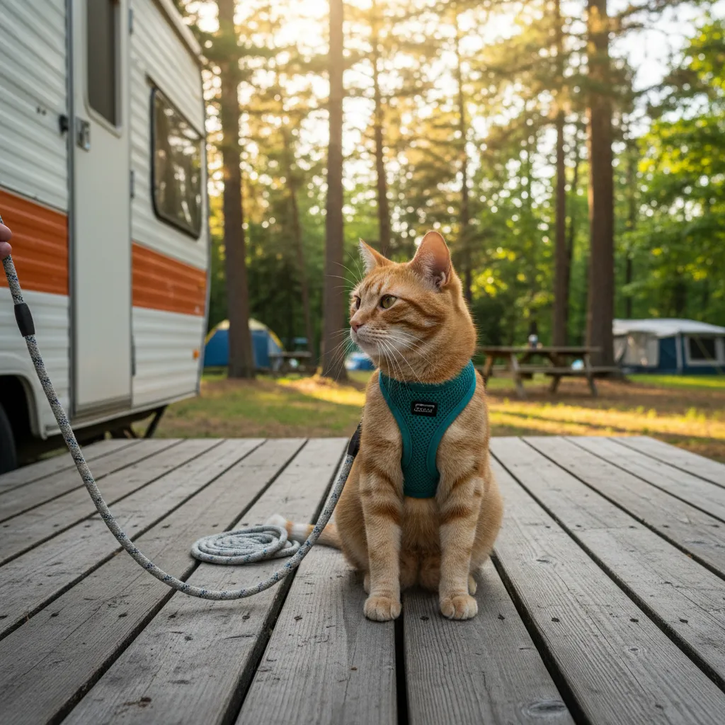 Chat portant un harnais sur la terrasse d'un mobil-home