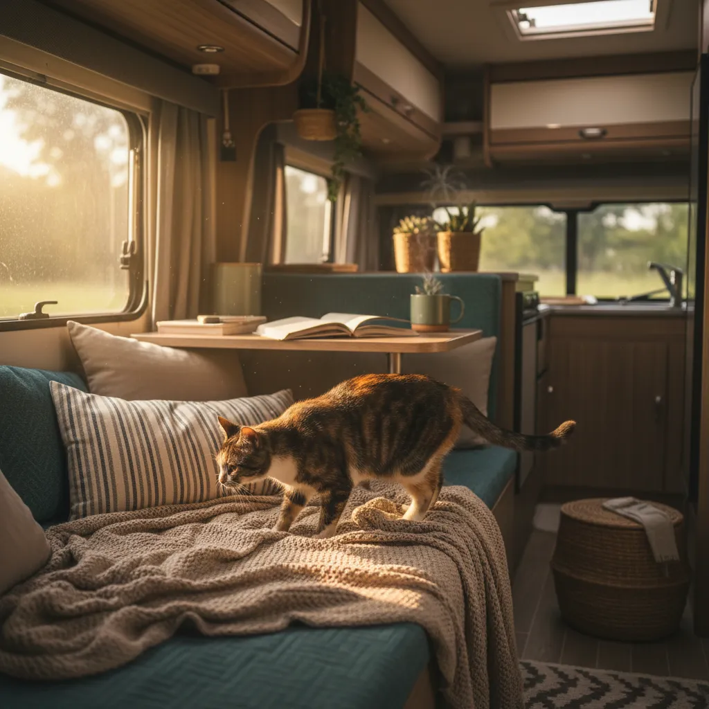 Chat explorant l'intérieur d'un camping-car aménagé