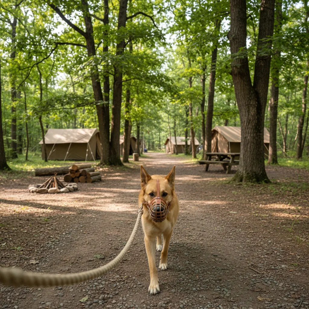 Chien muselé en laisse dans une allée de camping
