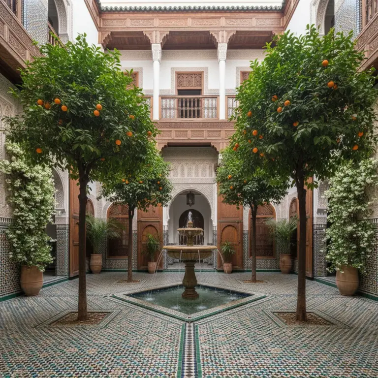 Cour intérieure d'un riad marocain avec fontaine et zelliges