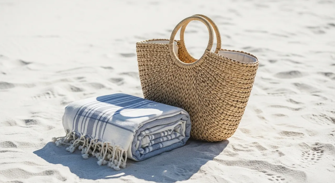 Fouta pliée à côté d'un sac de plage sur le sable
