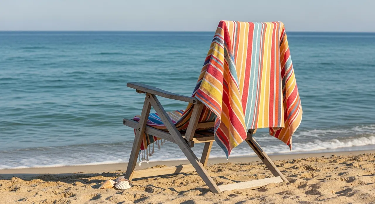 Fouta à rayures posée sur une chaise de plage en bord de mer