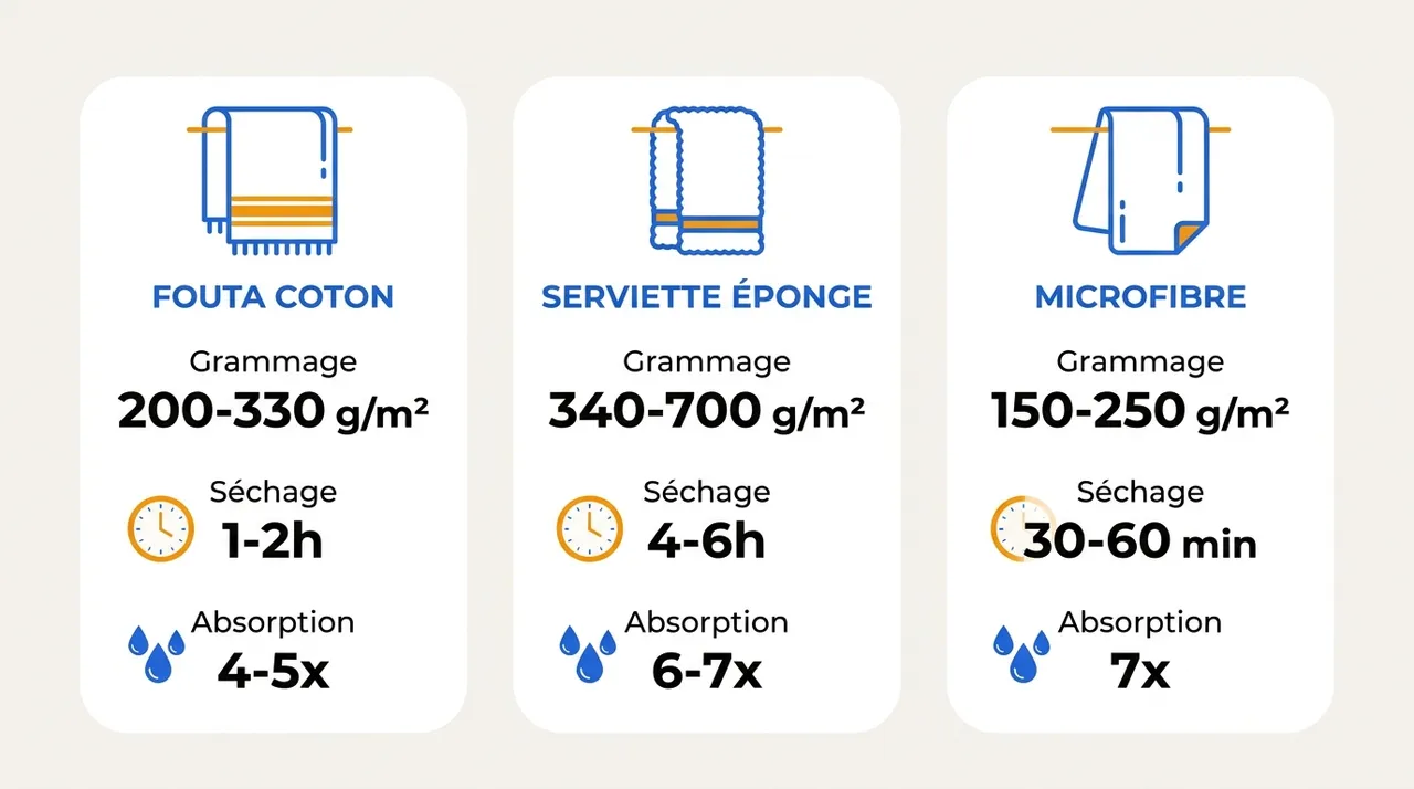 Comparatif fouta, serviette éponge et microfibre