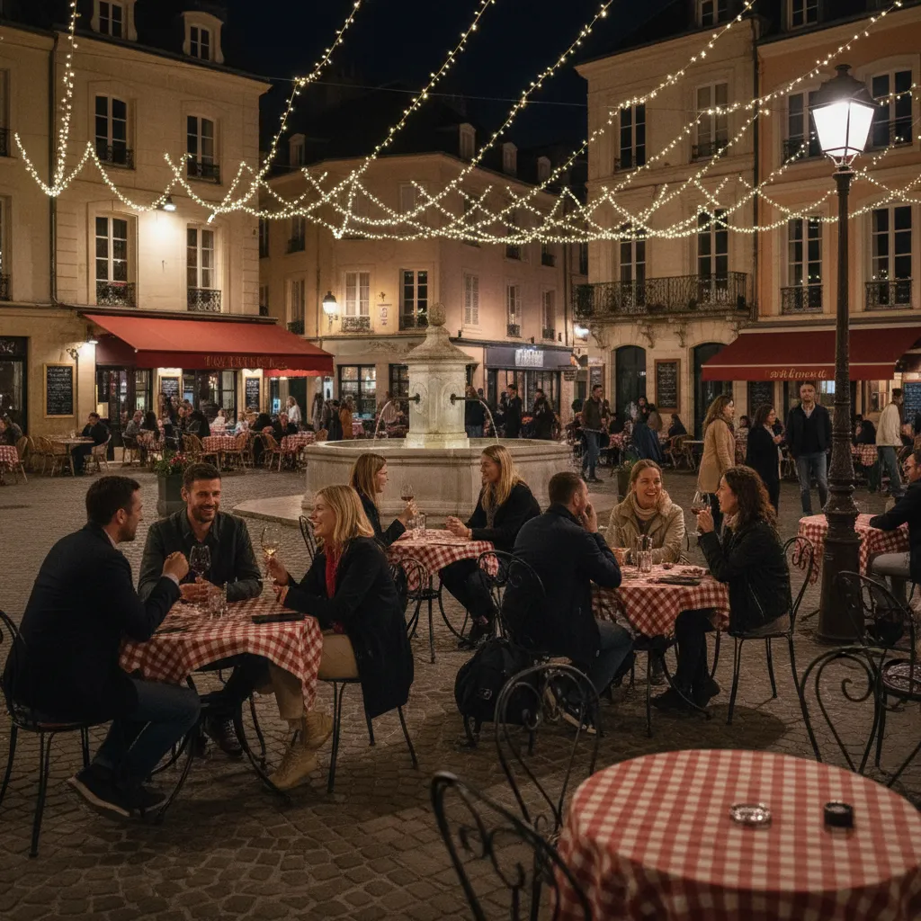 Place animée de Toulon illuminée en soirée