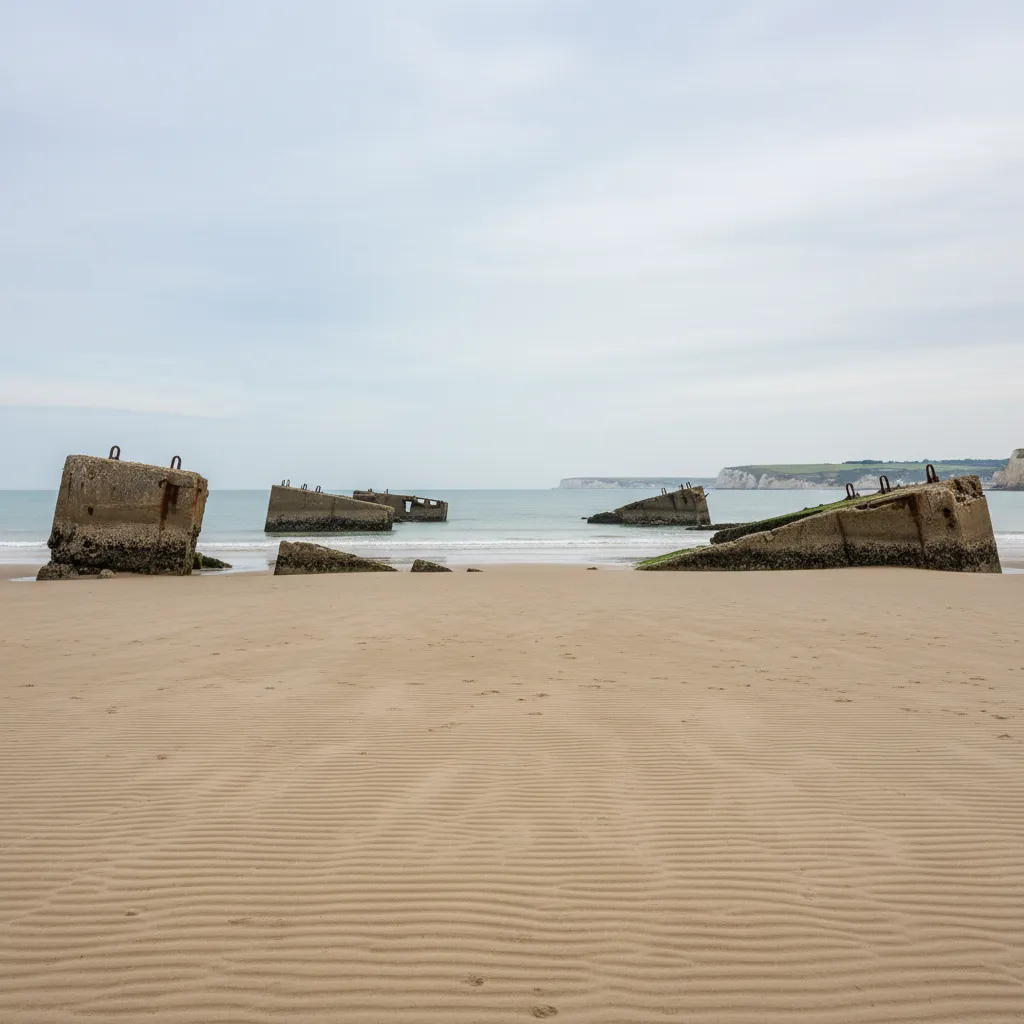 Vestiges du port artificiel Mulberry sur la plage d Arromanches