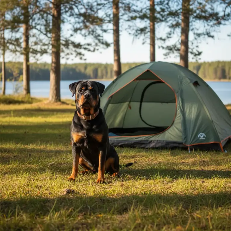 Rottweiler devant une tente de camping sur un emplacement herbeux