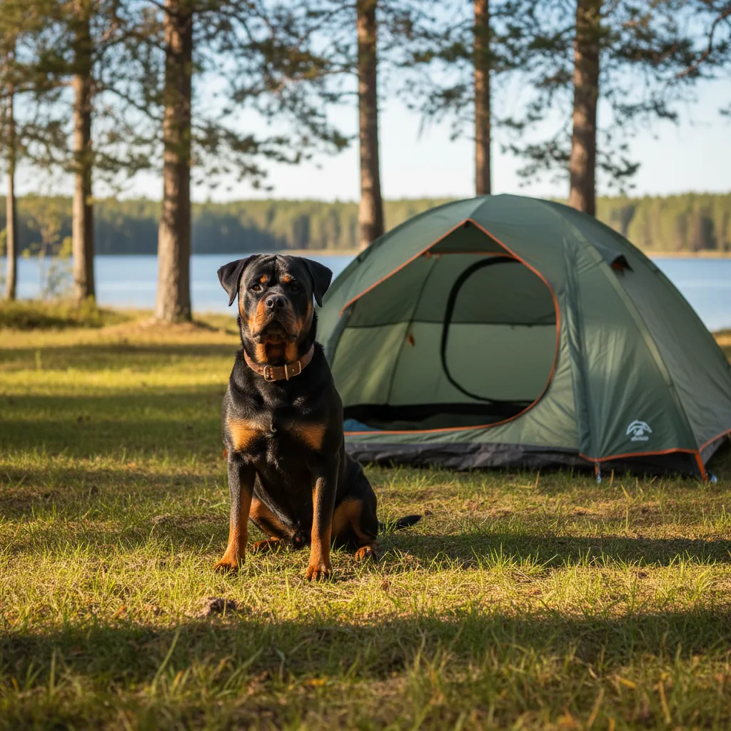 Rottweiler devant une tente de camping sur un emplacement herbeux