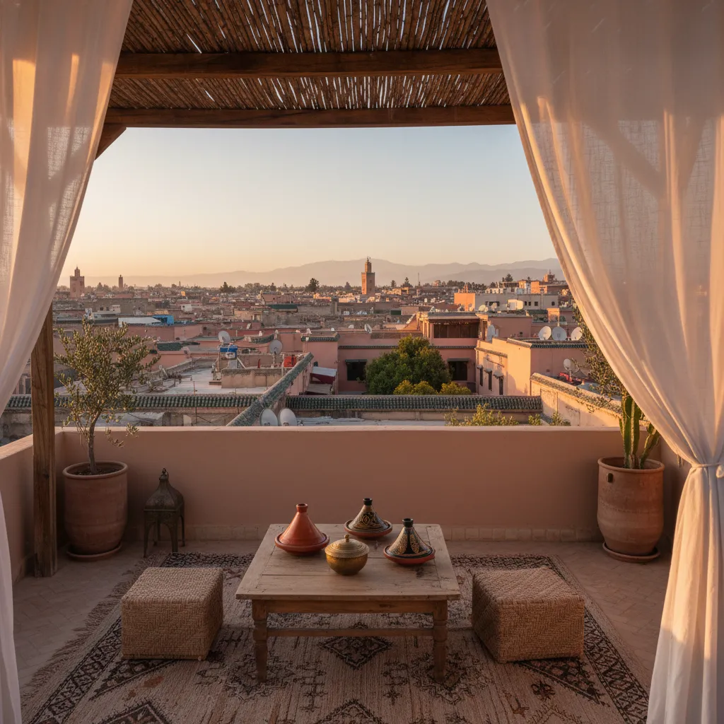 Terrasse panoramique d'un riad avec vue sur la médina de Marrakech