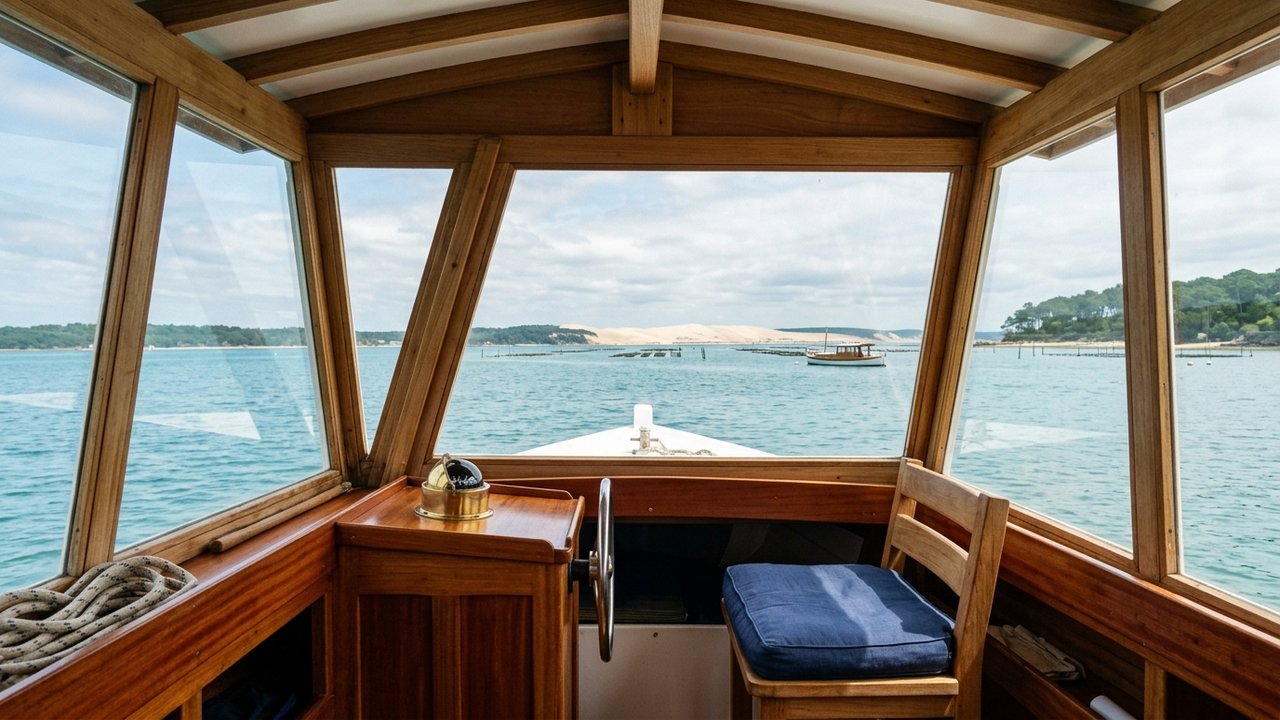 Salon couvert d'un bateau pour croisière sur le Bassin d'Arcachon