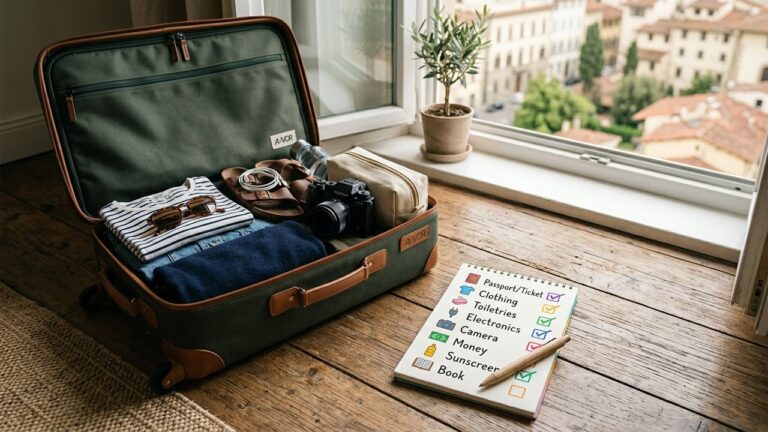 Check-liste pour les vacances avec valise et articles de voyage