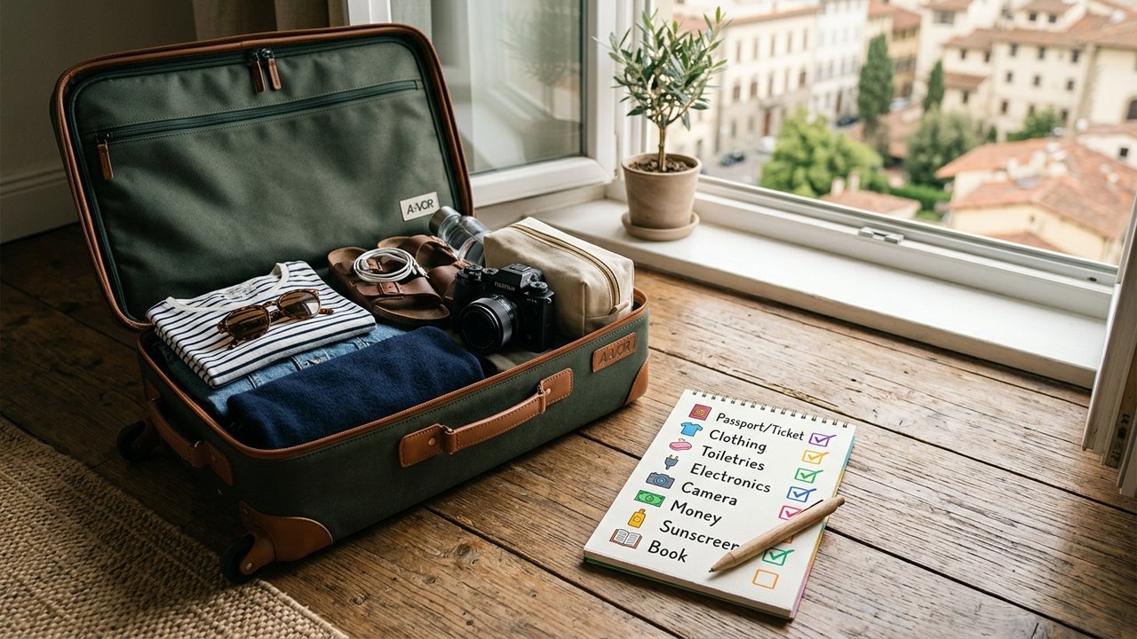 Check-liste pour les vacances avec valise et articles de voyage