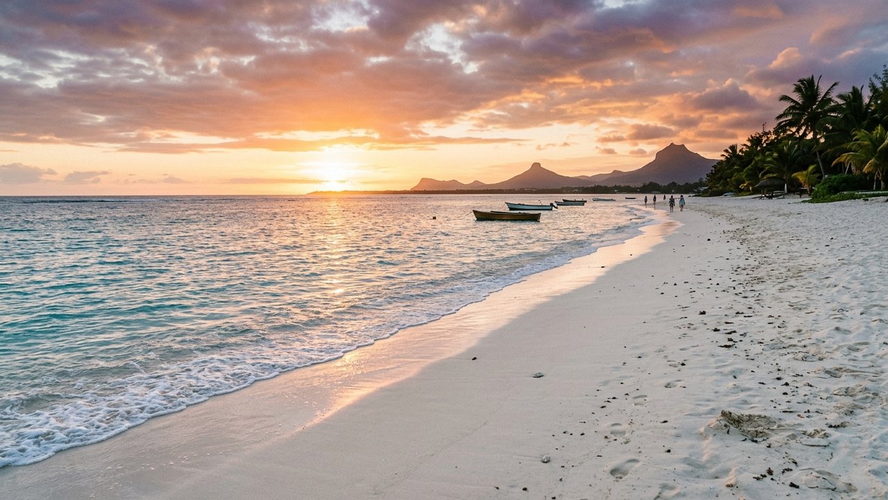 Coucher de soleil spectaculaire sur la plage de Flic-en-Flac à l'île Maurice