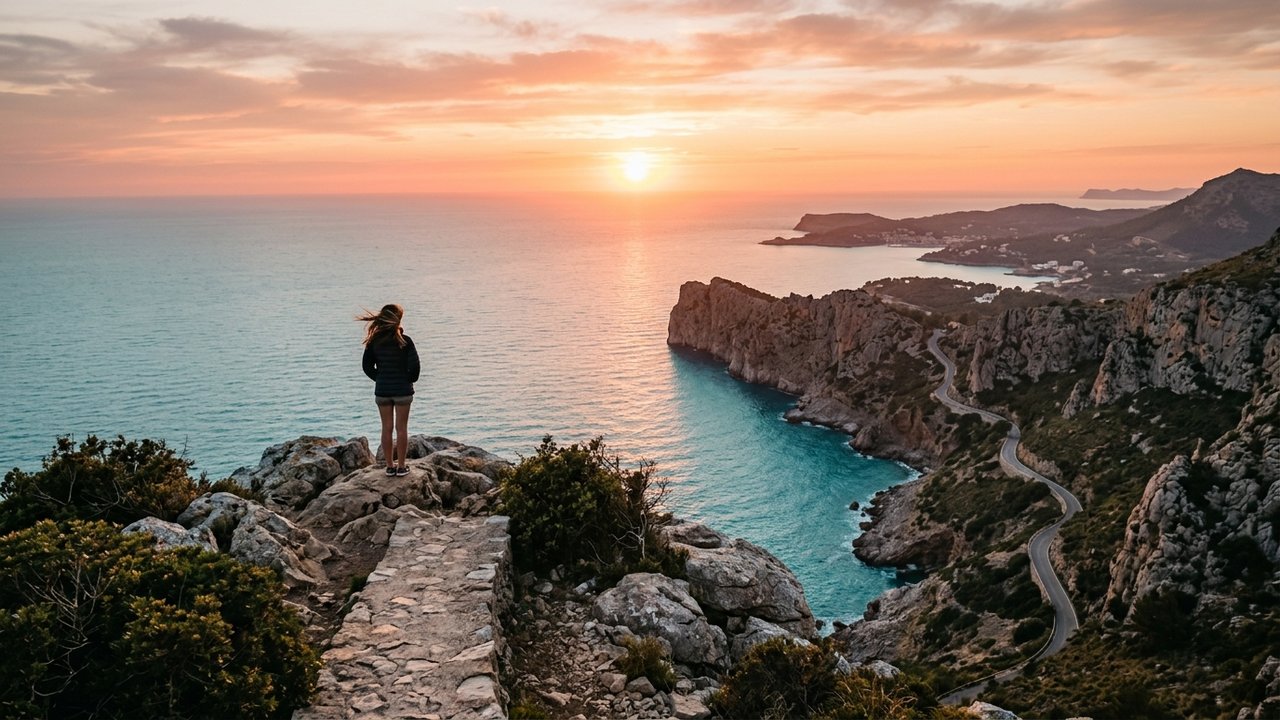 Vue panoramique du coucher de soleil depuis un mirador du nord de Majorque
