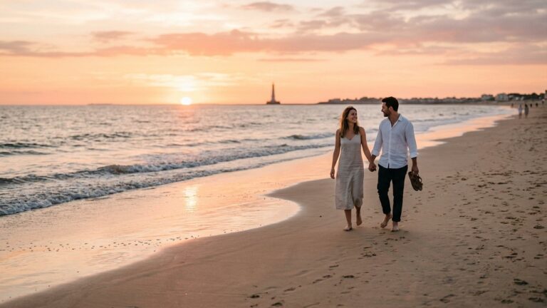 Couple en amoureux sur la plage de Royan au coucher de soleil