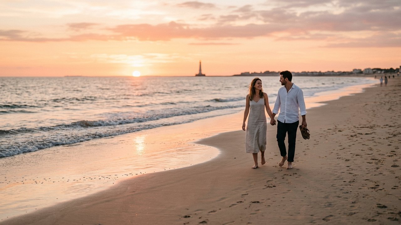 Couple en amoureux sur la plage de Royan au coucher de soleil