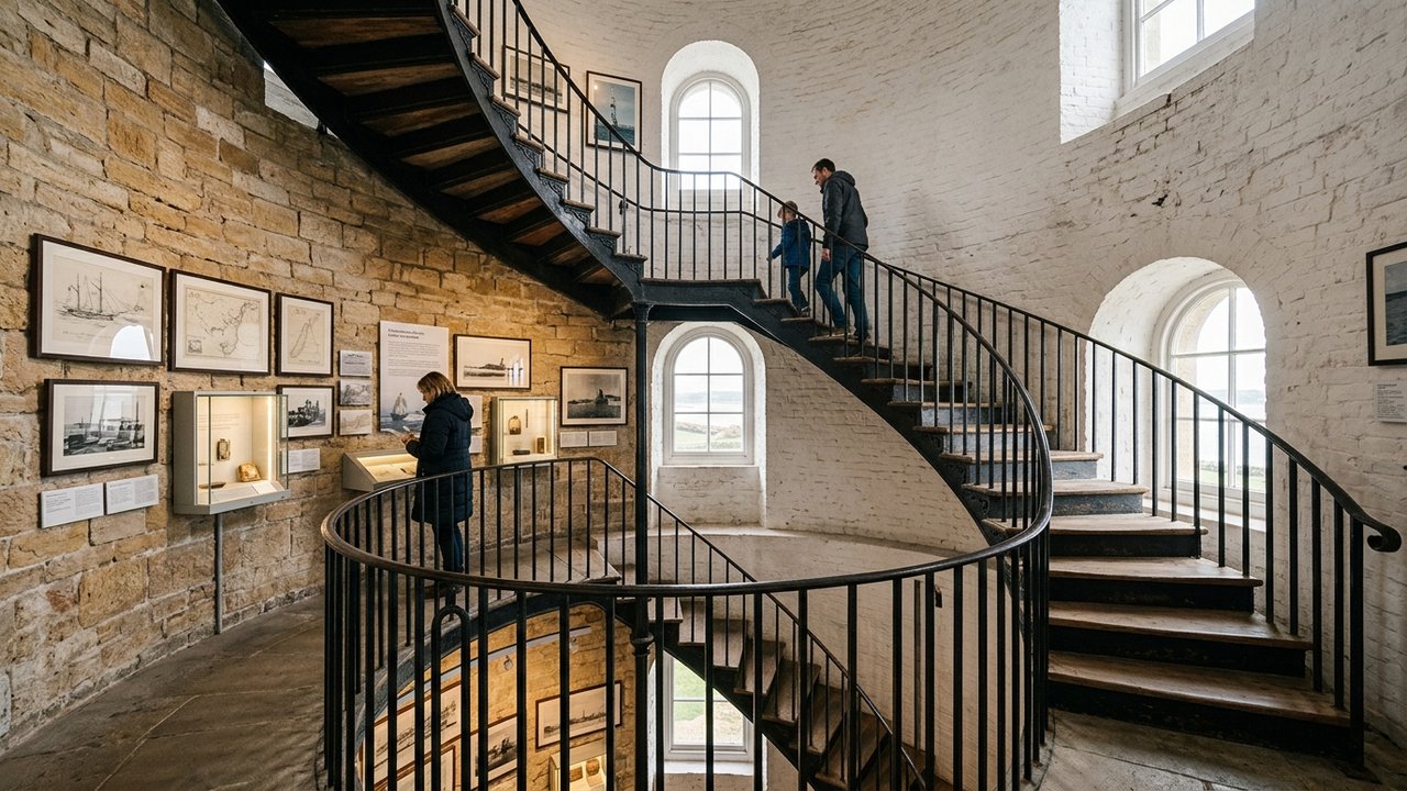Escalier intérieur du phare du Cap Ferret avec espaces d'exposition