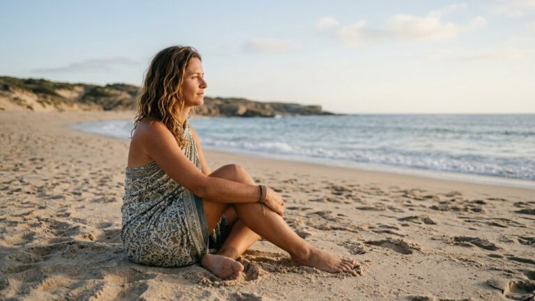 Femme sur une plage naturiste avec paréo