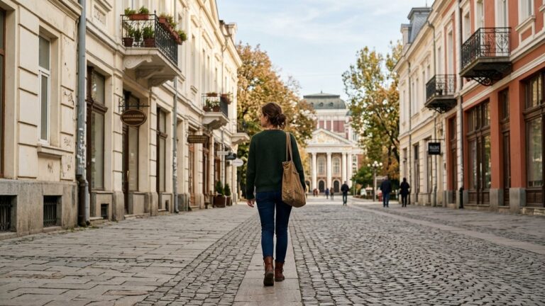 Femme voyageant seule dans les rues de Sofia en Bulgarie