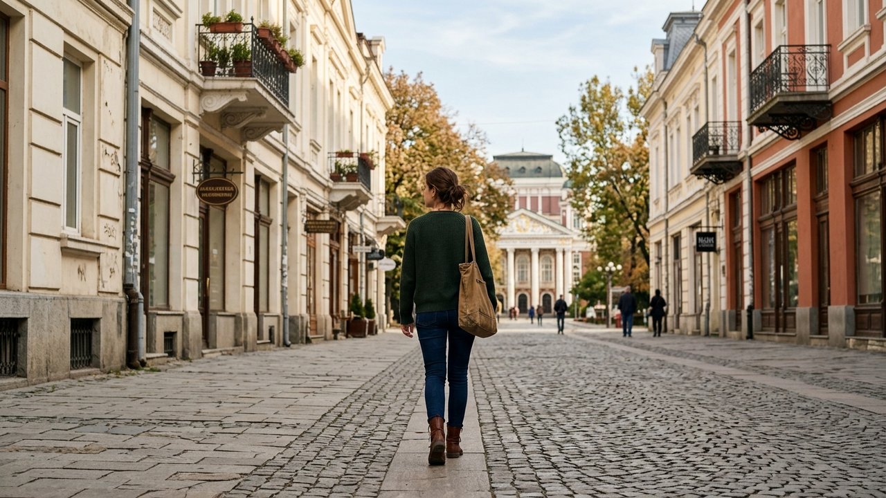 Femme voyageant seule dans les rues de Sofia en Bulgarie