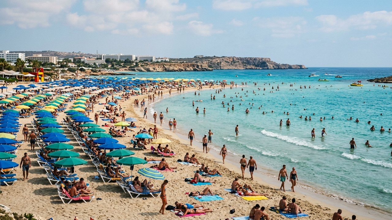 Plage bondée à Chypre avec de nombreux touristes