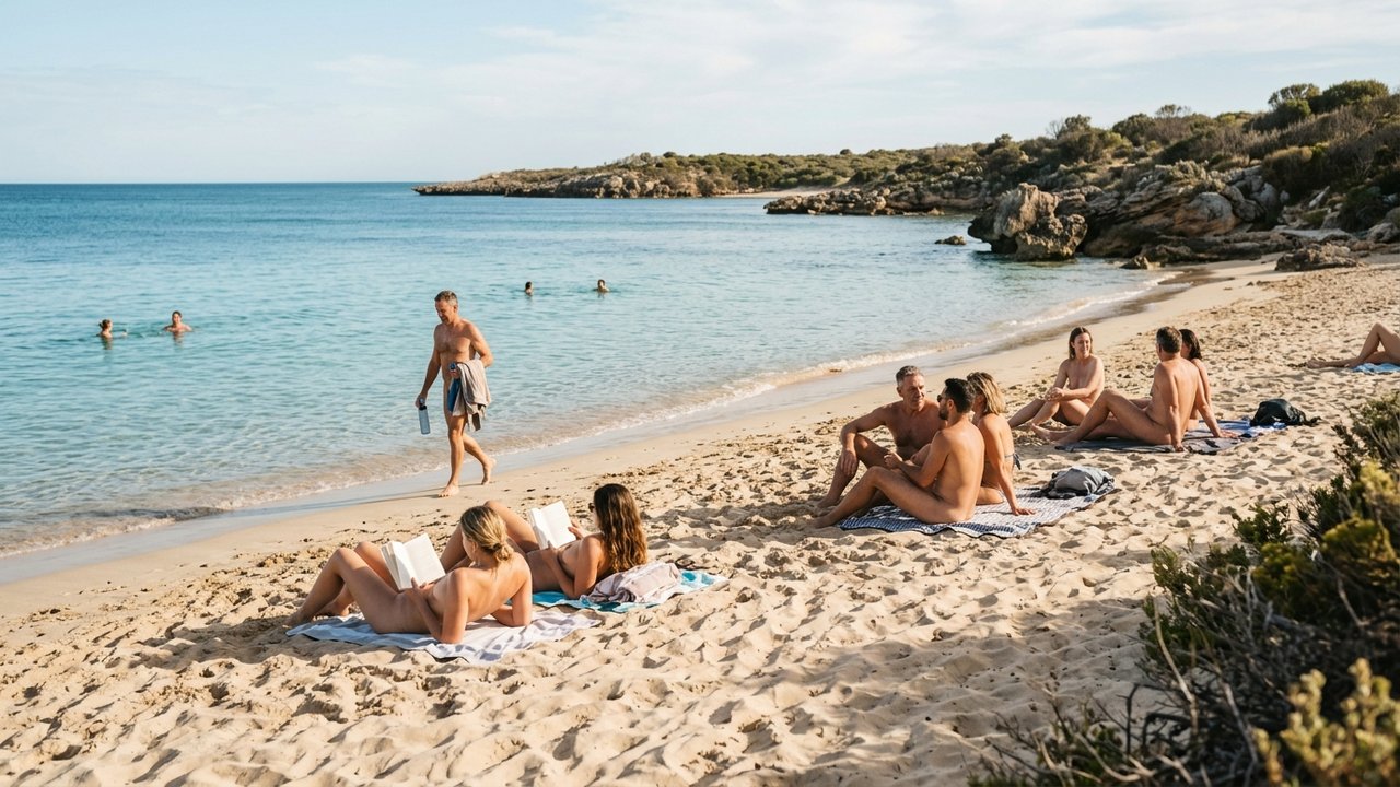 Baigneurs en détente sur une plage naturiste calme