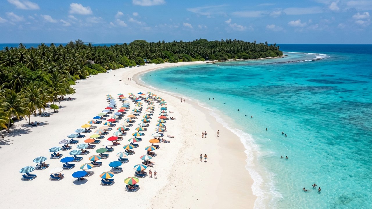 Vue aérienne d'une plage avec parasols et baigneurs près d'une résidence