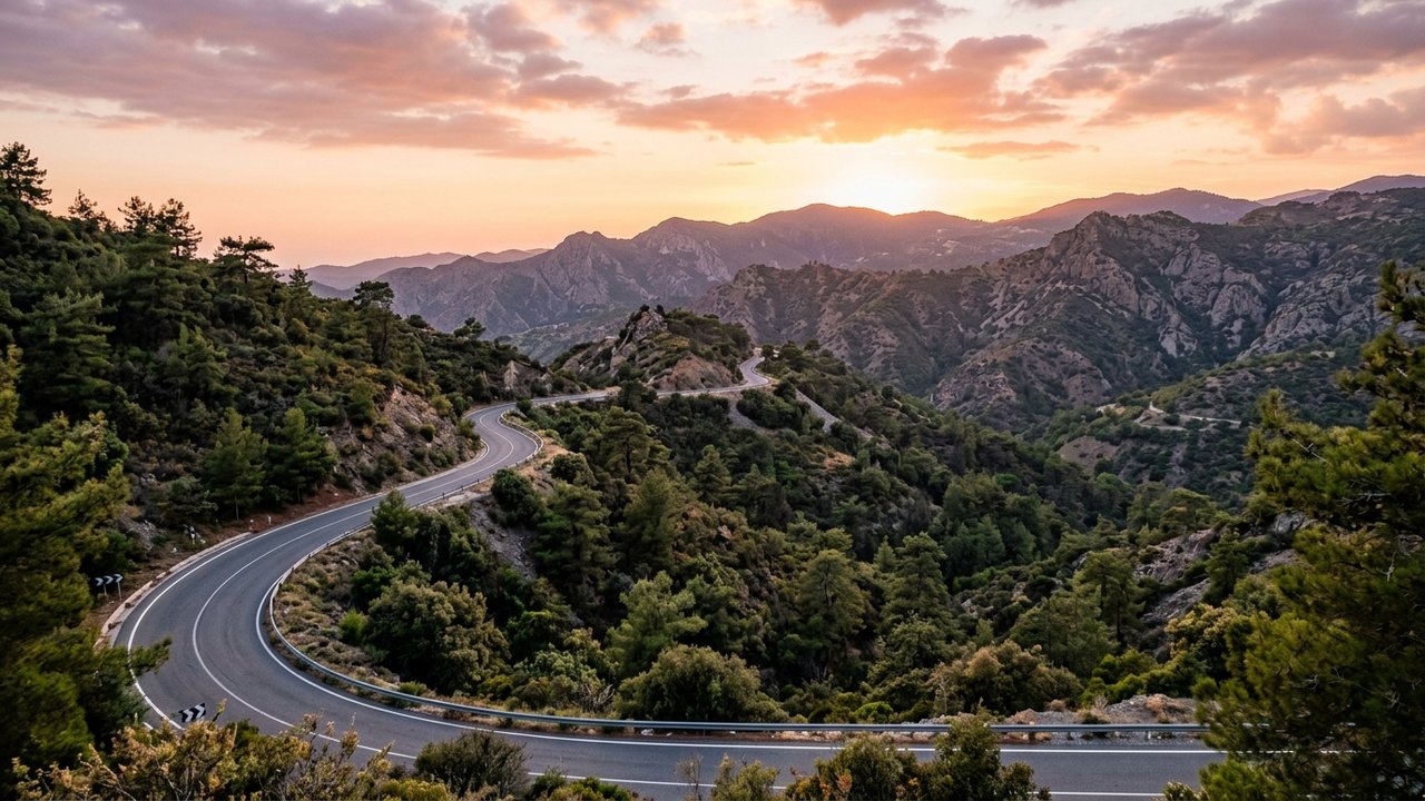 Route sinueuse en montagne à Chypre dans le massif du Troodos