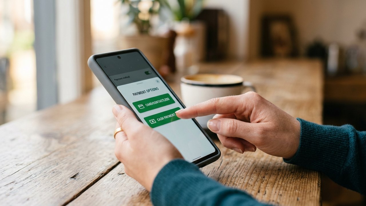 Sélection de l'option paiement en espèces dans l'application