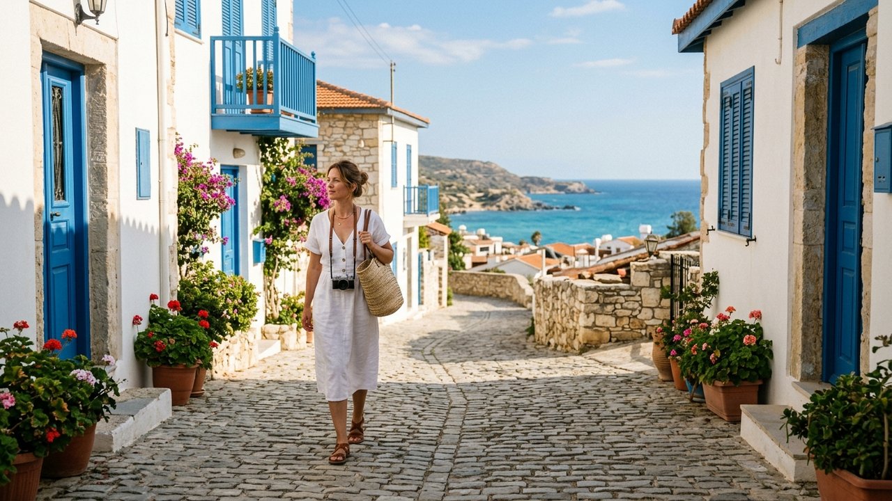 Touriste se promenant dans une ville côtière méditerranéenne de Chypre