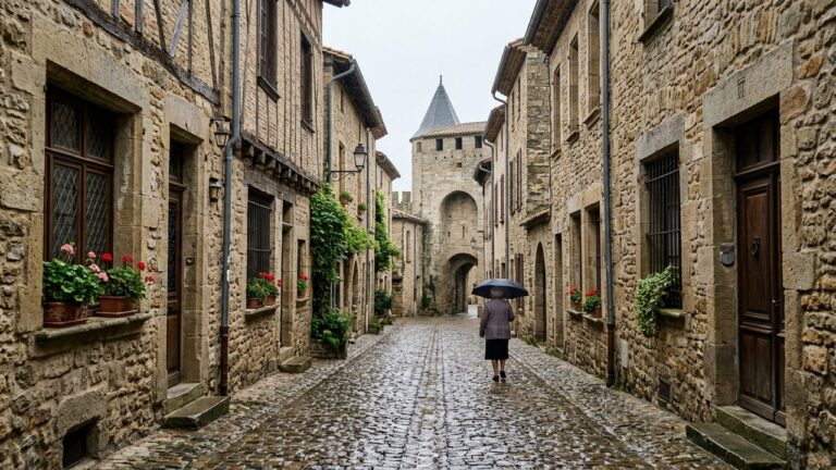 Rue pavée de la Ville Close de Concarneau sous la pluie