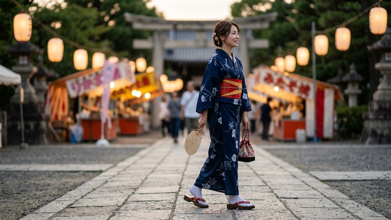 Femme en yukata avec geta lors d'un festival d'été japonais