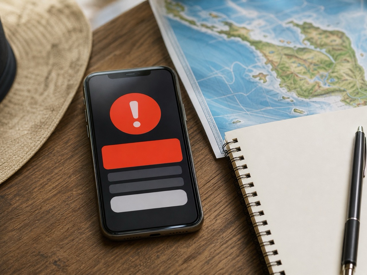 Téléphone et carnet de voyage pour suivre une alerte sismique