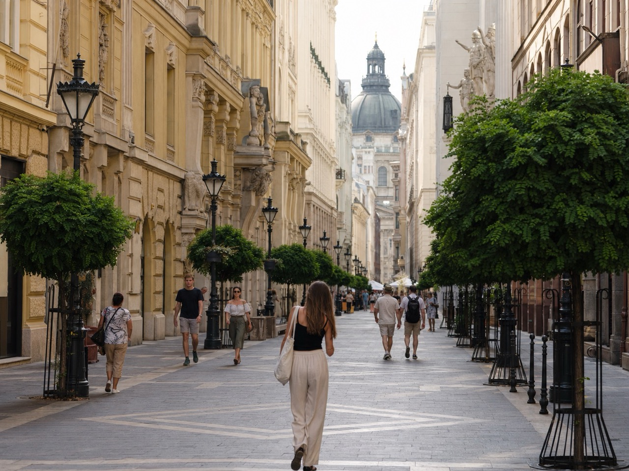 Façades historiques et passants dans Váci utca à Budapest