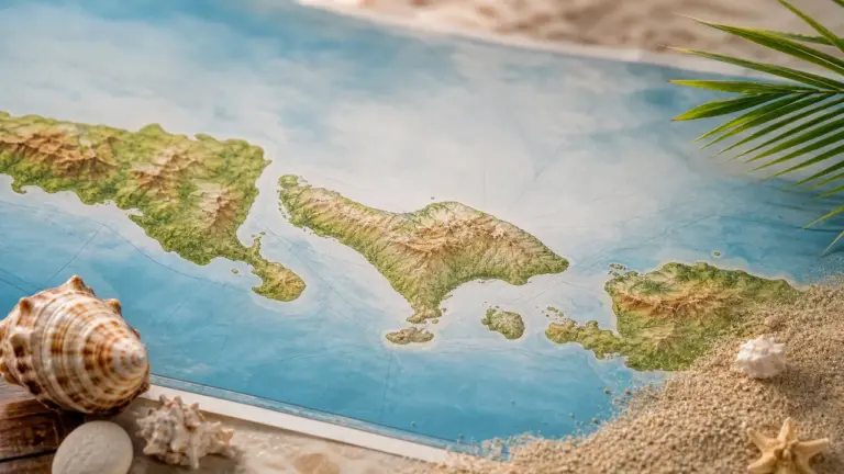 Carte de voyage évoquant Bali entre Java et Lombok