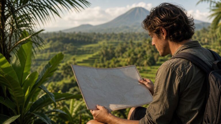 Voyageur préparant un séjour à Bali avec une carte