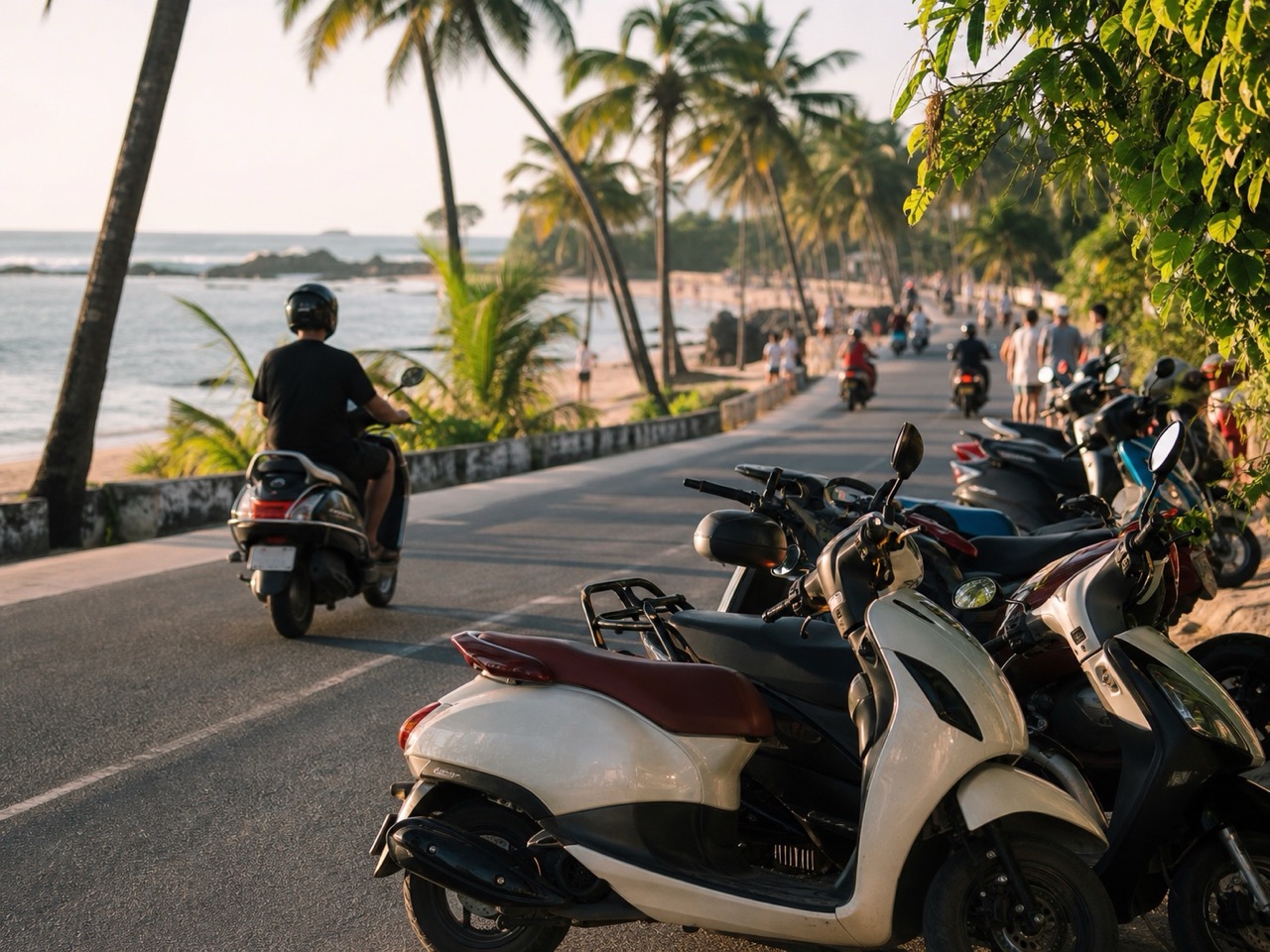 Route touristique animée près d'une plage tropicale